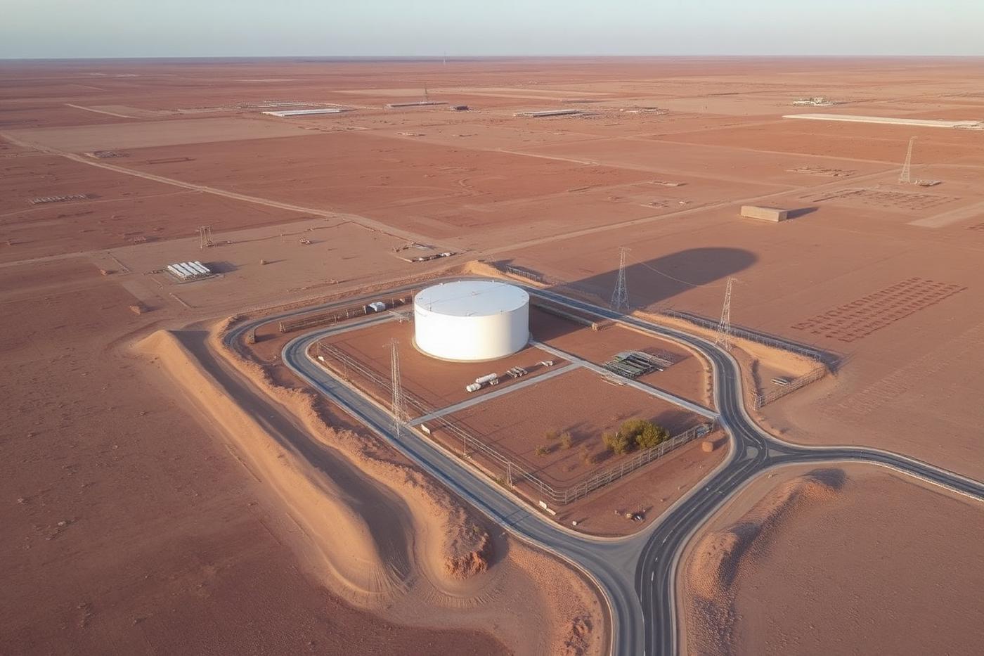 Aerial view of a salt water disposal facility site in the West Texas desert