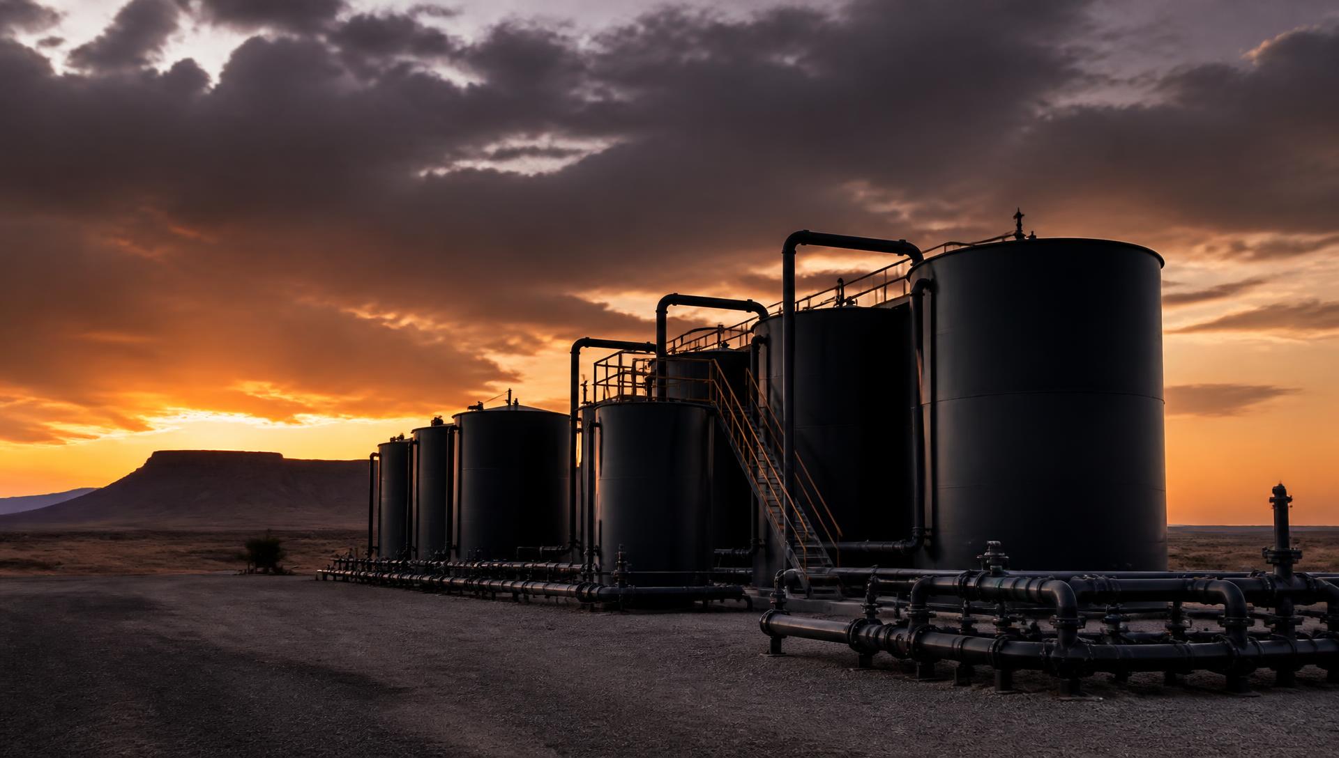 Salt water disposal tank battery at dusk in the West Texas Permian Basin