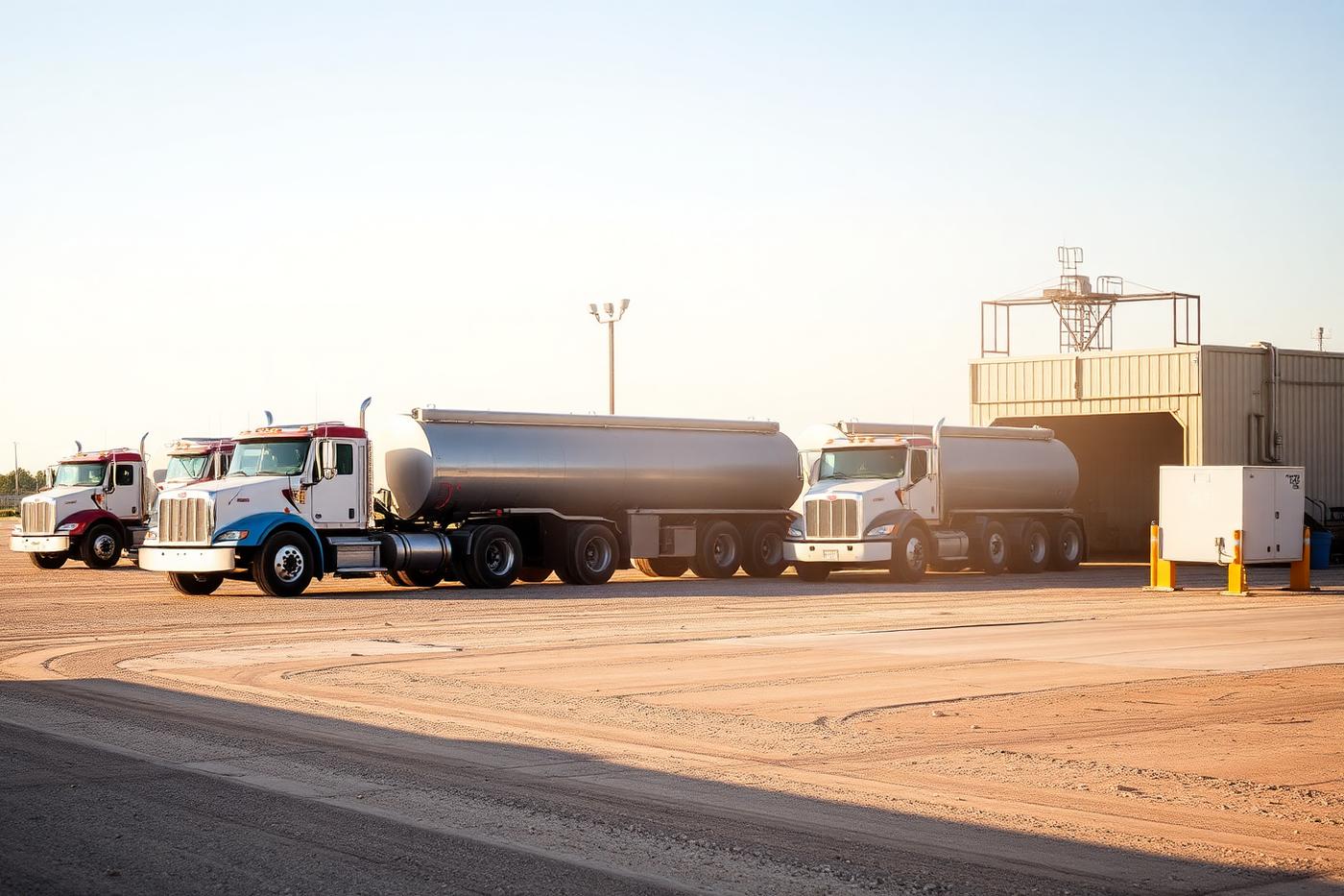 Vacuum tanker trucks staged at a Permian Basin disposal facility offload bay
