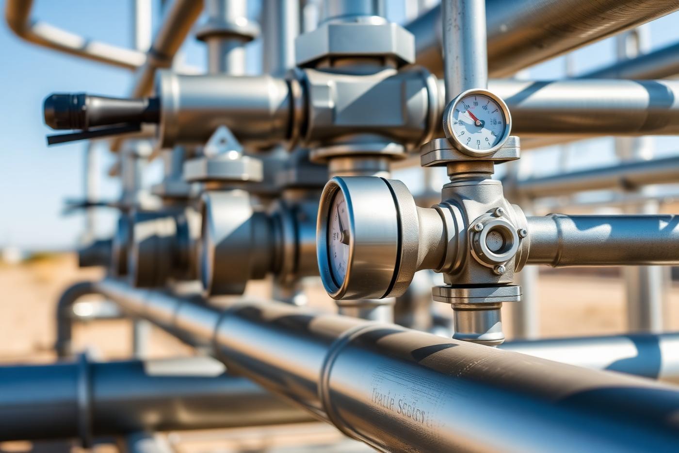Close view of injection wellhead piping, valves, and pressure gauges